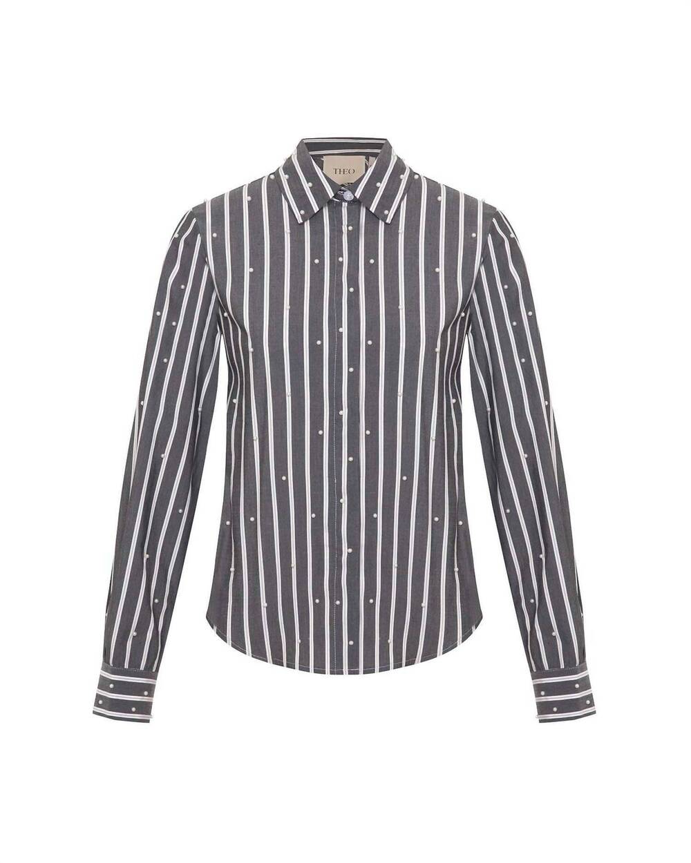 NEW THEO THE LABEL women's echo mix stripe pearly shirt in charcoal/pearl